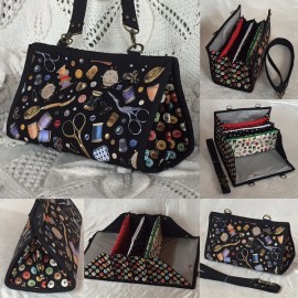 Small sewing clutch with magnetic closures and 3 zippered pockets (sewing notions theme)